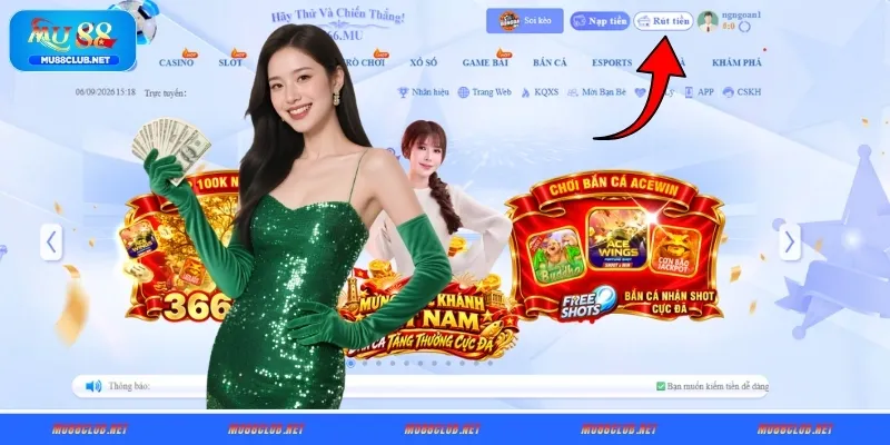 Đăng nhập tài khoản và mở mục Rút tiền MU88