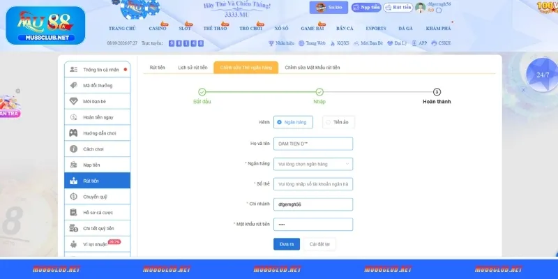 Thêm thông tin tài khoản nhận tiền